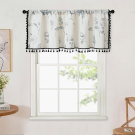 VOGOL Grey Flower Print Valance Curtains, Boho Style Rod Pocket Valances for Kitchen Window with Tassels, Linen Textured Window Treatment for Farmhouse, W52 x L18, 1 Panel