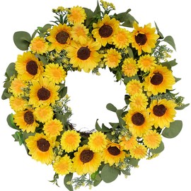 Bibelot - Corona de girasol artificial de 20 pulgadas, corona de girasol, margaritas amarillas y hojas verdes, corona de primavera y verano, puerta frontal para interiores y exteriores, decoración de pared para ventanas de boda