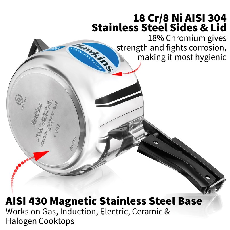 Hawkins 4 Litre Pressure Cooker, Stainless Steel Inner Lid Cooker,