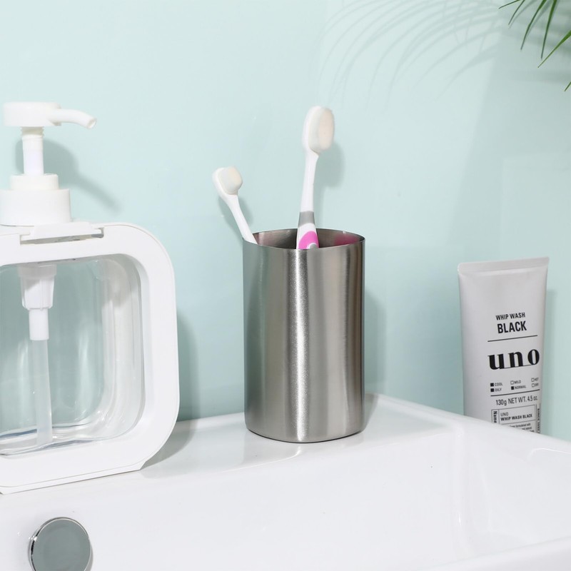 Veemoon Lightweight Stainless Steel Toothbrush Cup, Silver Metal Water Cup