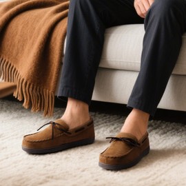 ULTRAIDEAS Men's Luke Microsuede Moccasin Slippers with Tie Indoor Outdoor(Light Coffee,13)