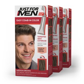 Just For Men Easy Comb-In Color Mens Hair Dye, Easy No Mix Application with Comb Applicator - Medium Brown, A-35, Pack of 3