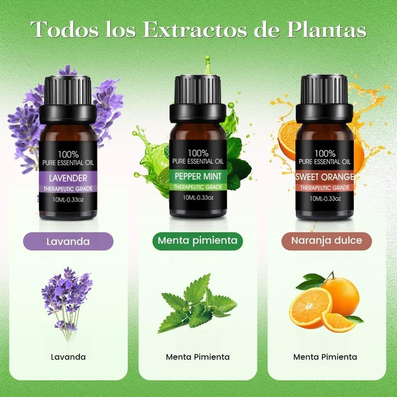 Aceites esenciales 100% naturales 6 piezas – Lavanda, Naranja, Eucalipto,