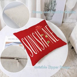 Set of 4 Rose Pillow Covers 16x16 Red Spring Summer Pillow Covers Hello Sunshine Flower Floral Cushion Covers Square Cotton Linen Pillow Cases for Sofa Couch Patio Outdoor Home Decor(16 Inch)