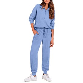 PRETTYGARDEN Women's Fall 2 Piece Lounge Sets Zip Up Sweatshirt Jogger Pants Sweat Track Suits Travel Outfit Winter Clothing (Light Blue,Large)