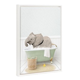 Kate and Laurel Sylvie Beaded Baby Elephant Side in Cottage Bath Vintage Framed Canvas Wall Art by Amy Peterson, 18x24 White, Modern Fun Elephant Bathtub Wall Art for Home Décor