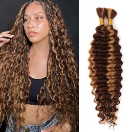 Human Braiding Hair for Boho Braids Boho Braids Human Hair Extensions 100g Wet And Wavy Curly Deep Wave Bulk Human Hair for Knotless Braids (P4/27#, 18 Inch(50g/Bundle x2))