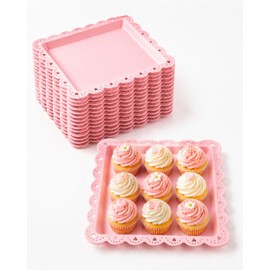 Zitonyang Plastic Serving Tray, 24 Pack Catering Trays Square Serving Platters Fast Food Trays, Reusable Plastic Tray For Party Anniversary Wedding Christmas Baby Shower (Pink)