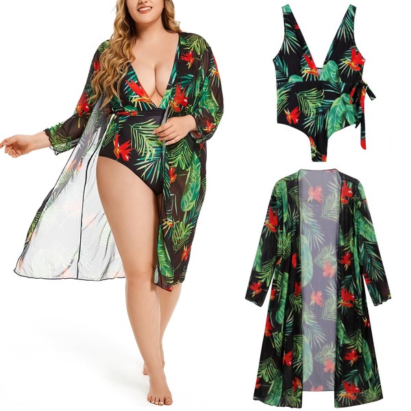 Women’s Plus Size One-Piece Swimwear with Chiffon Cover Up Print