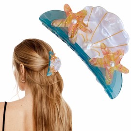 Starfish Hair Claw Clip Shell Hair Clip Cute Pearl Marine Life Barrettes Large Non Slip Acetate Strong Hold Jaw Barrettes Beach Stylish Hair Accessories for Women Girls Thick hair Thin Hair （Blue)