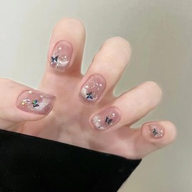 Nail Tip, Short, 24 Pieces, Nail Tip, False Claws, Cat Eye, Pink, Butterfly, Pearl, Diamond, 3D Nail Sticker, Popular, Japanese Style, Cute, Simple, Fashionable Party, Nail Tip, Autumn, Spring,