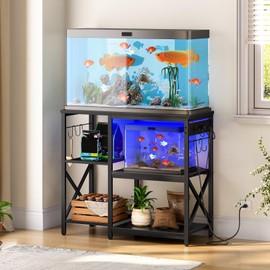 HOOBRO 20-29-37 Gallon Fish Tank Stand with Power Outlet and LED Light, Aquarium Stand with Storage Shelves, 35.4" L x 15.7" W, Reptile Tank Stand with Stable Metal Frame, Black BK80UDFT01