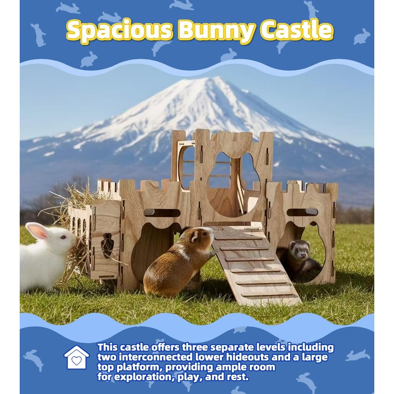 LEXASTLE Larger Bunny Castle Sturdy Walnut Color Wooden Rabbit Hideout