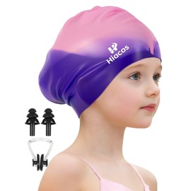 Kids Swim Cap for Girls Boys, 2 Size Silicone Swimming Cap for Long Hair Short Hair, Waterproof Swim Hats Bathing Caps for Age 3-15 Toddlers Children Teens to Keep Hair Dry-Mix Purple