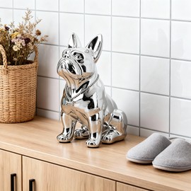 XYQXYQ French Bulldog Statue,Silvery Pug Resin Sitting Dog Statue, English Bulldog Home Decoration Sculpture, Living Room Desktop Decoration, Modern Collection Art Dog Gift