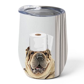 Funny Sable Chinese Shar Pei Dog Tumbler 12oz - Stainless Steel Insulated Travel Mug with Lid - Adorable Pet with Toilet Paper Design Gift Idea for Dog Owner & Puppy Lover