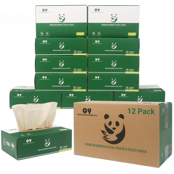 QingYa Unbleached Bamboo Facial Tissues - 12 Boxes of 100%