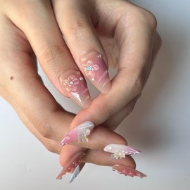 Handmade Press on Nails Medium Almond Fake Nails Blue French Tip with 3D Pearl Design Stick on Nails Pink Artificial Nail Full Cover Glue on Nails for Women DIY 10 Pcs (Size S）