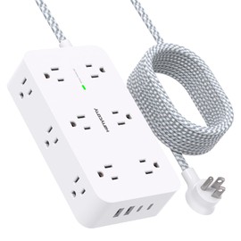 Extension Cord 10 Ft, HANYCONY Surge Protector with 12 Outlets 4 USB Ports (2USB C), Large Desk Power Strip with Long Cord, Flat Plug, Wall Mount for Office Home College Dorm Room Essentials, White