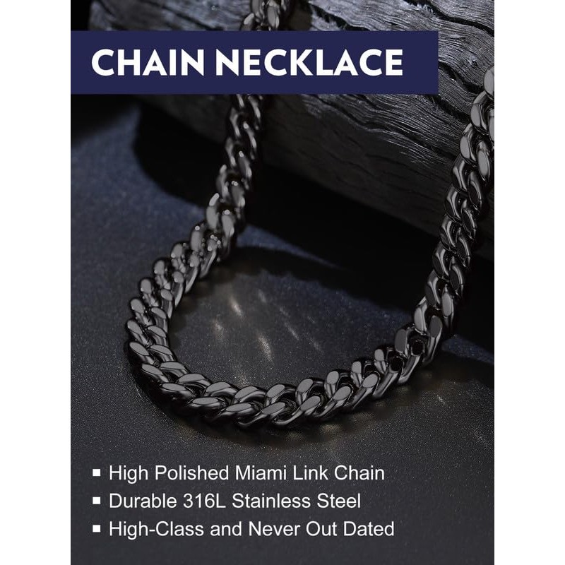 Bandmax Mens 9MM Chunky Chain Necklace 24 Inches Black Miami