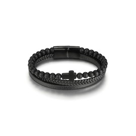 Zysta Cross Bracelet for Men Multi-Layer Cross Leather Bracelet Lava Rock Stone Black Agate Braided Leather Bracelet with Stainless Steel Clasp Mens Inspirational Bracelets Cuff Wristband 8.7 Inch