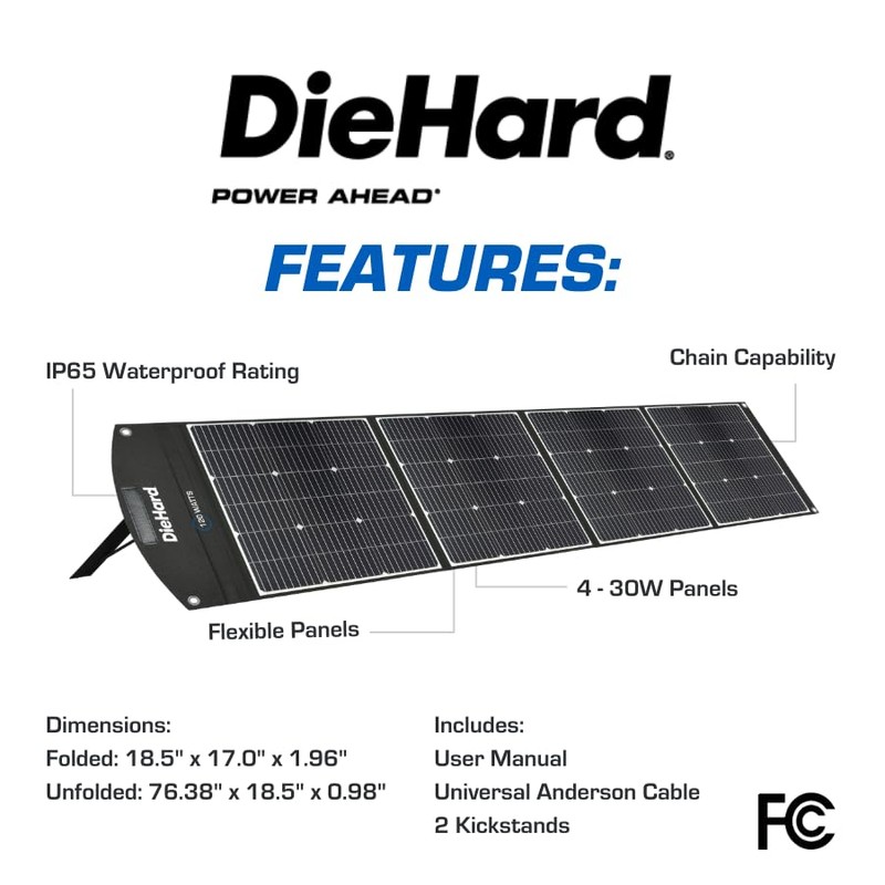 DieHard Solar Panel, 120-Watt, Foldable, Flexible, Lightweight, Portable - Designed