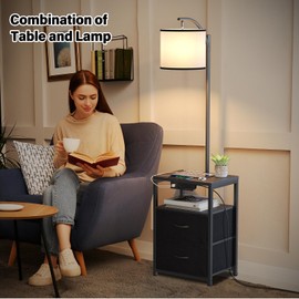 SUNMORY Floor Lamp with Table & 2 Drawers, Lamp with USB Port and Outlet, Lamps for Nightstand with 3 Color Temperature Led Bulb Included, Floor Lamps for Living Room, Bedroom and Home Office, Black