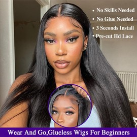 Real Hair Wig, 4x4 HD Lace Front Wig, Human Hair, Pre Plucked, Straight Wear and Go Glueless Wigs, Human Hair Wigs for Black Women, Natural Black Colour, Wigs, Real Hair, No Glue, 24 Inches (6