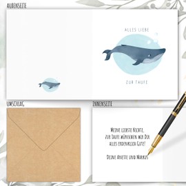 High-Quality Christening Card with Kraft Paper Envelope - Christening Card for Girls and Boys 15 x 15 cm - Ideal Christening Card for the Godchild as Folding Card with Whale Motif