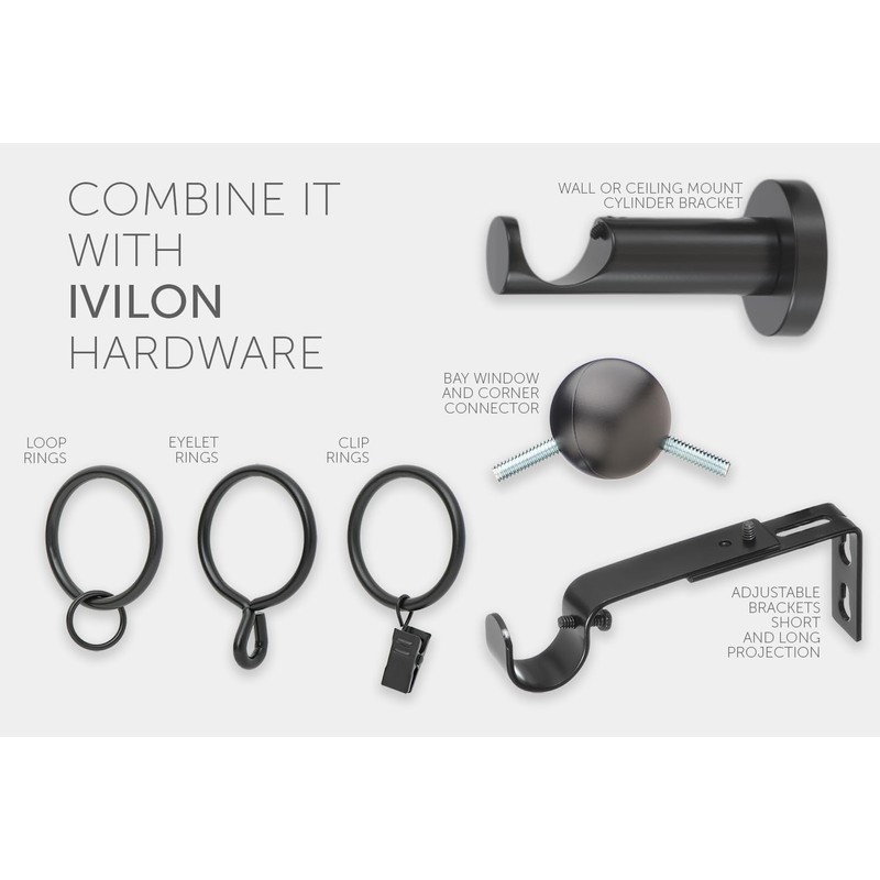 Ivilon Black Curtain Rods - Long Finial Design, 1 inch
