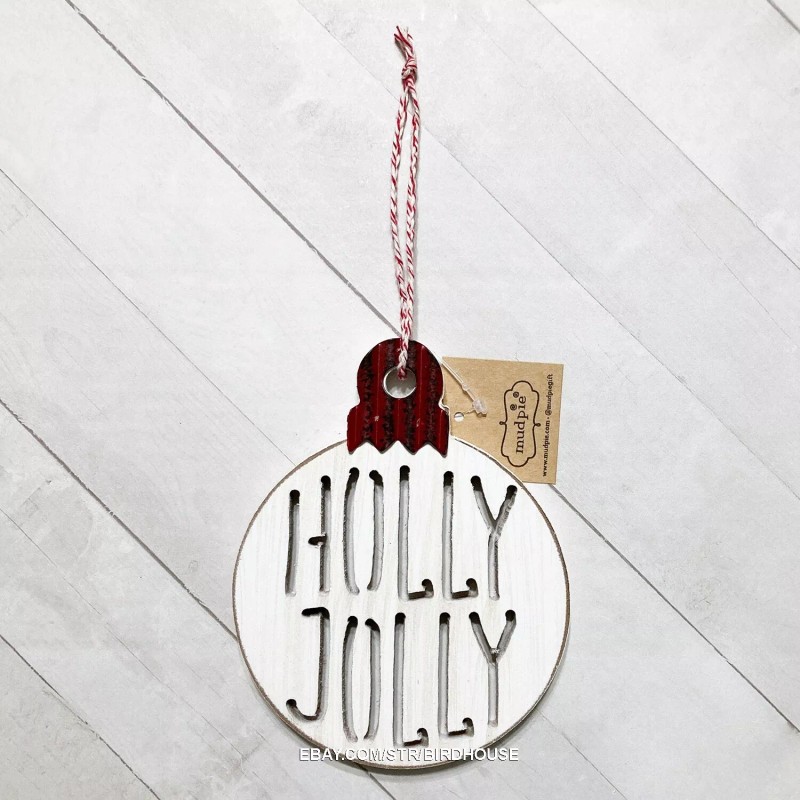 Mud Pie Holly Jolly Christmas Ornament Wood Cutout 4" Rustic