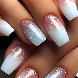 MIXFOSAHN Press on Nails Medium Coffin Fake Nails White Blue False Nails with Nude Gradient Designs Stars Glitter Glossy Full Cover Stick on Nails Glue on Nails Acrylic Nails for Women Girls 24 Pcs