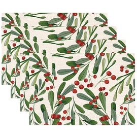 OTOSTAR Christmas Placemat Winter Decorations Placemats 12x18 Inches Green Leaf Red Fruits Xmas Placemats Table Placemats Holiday Dinner Party Holiday Home Table Mats Set of 4 (Leaf)