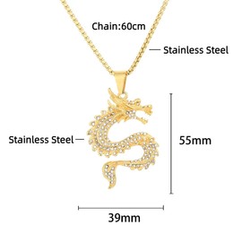 Gold Rhinestone Dragon Pendant, Iced Out Dragon Necklace for Men, Gold-Plated Chinese Dragon Necklace Hip Hop Dragon Animal Charm Jewelry, Punk Chinese Dragon Pendant Necklace for Boys