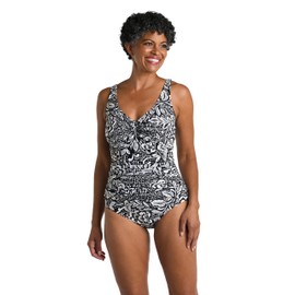 Maxine Of Hollywood Women's Standard V-Neck Twist Front Shirred One Piece Swimsuit, Black//Tahitian Tribe Floral