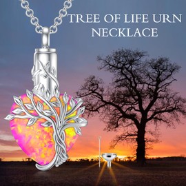 TOUPOP Purple Opal Tree of Life Urn Necklace for Ashes 925 Sterling Silver Purple Opal Heart Cremation Necklace w/Funnel Filler Jewelry Gifts for Women