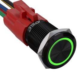 APIELE 16mm Latching Push Button Switch 12V DC On Off Black Shell with LED Angel Eye Head for 0.63" Mounting Hole with Wire Socket Plug Self-Locking (Green/Black Shell)