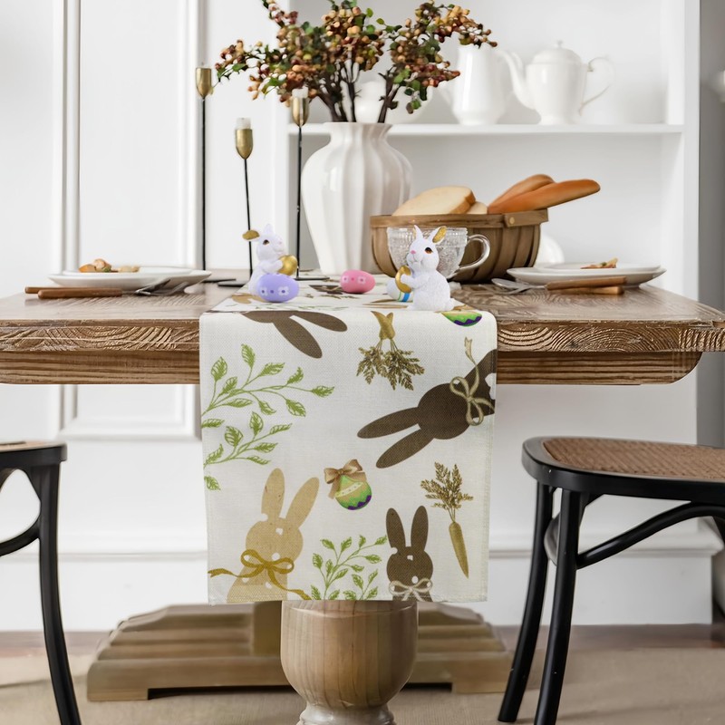 QINJIEJIE Table Runner Easter Linen Easter Rabbit Easter Egg Washable