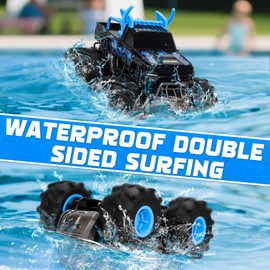 Amphibious Remote Control Monster Truck Toys, 1:16 Waterproof RC Car, 2.4GHz 4WD All Terrain Toys with 2 Rechargeable Batteries, Off-Road Truck Gifts for 6, 7, 8, 9, 10, 11, 12 Year Old Boys