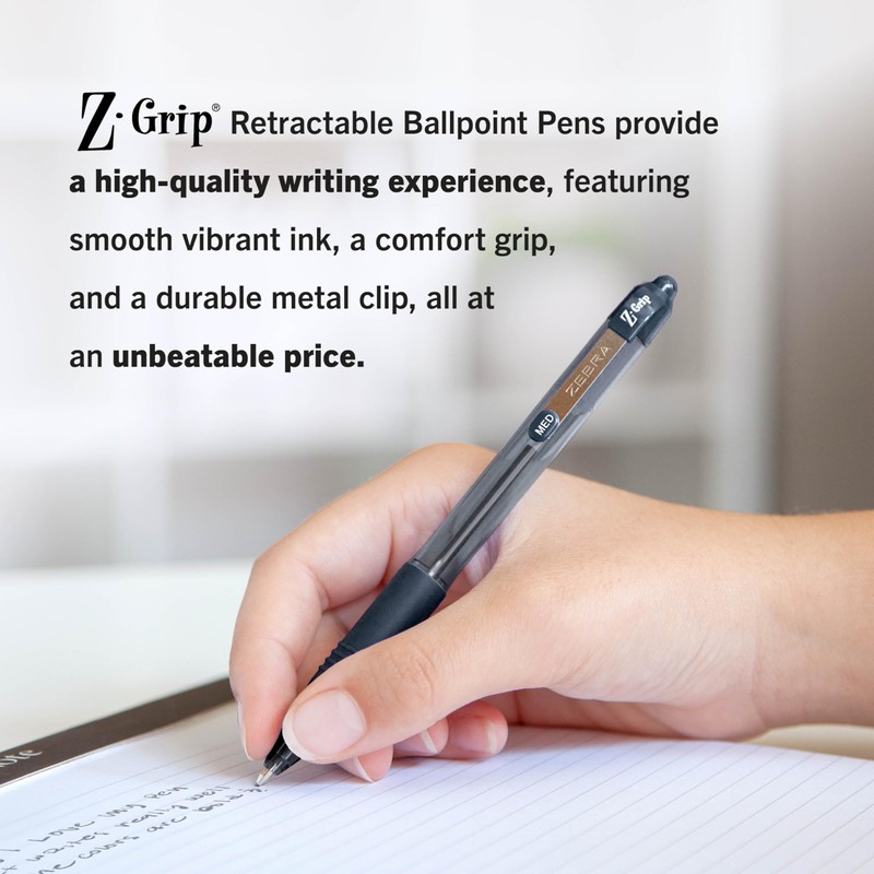 Zebra Pen Z-Grip Retractable Ballpoint Pen, Smooth-Flowing Black Ink, 1.0mm