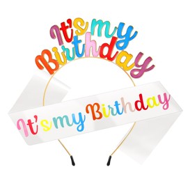 Rikastua - Juego de banda y corona de tiara para mujeres y niñas, diseño de diadema y banda de cumpleaños con diseño de arcoíris y texto en inglés "It's My Birthday", para decoración de fiesta de cumpleaños y feliz, accesorios para la cabeza, colorido