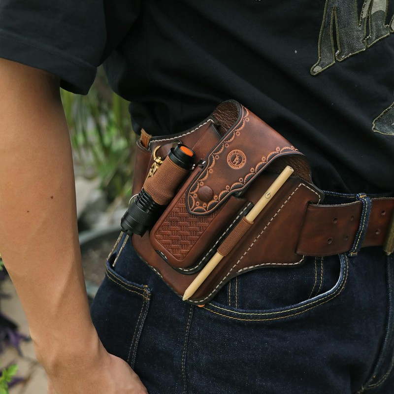 TOURBON Leather Smartphone Pouch, Smartphone Holder, Belt Loop, Tool Pouch,