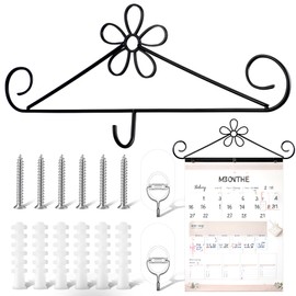 Otoolling Calendar Hanger for Wall 13.8 Inch Metal Wire Scroll Black Calendar Frame with Six Expansion Screws and Transparent Adhesive Hooks Frame for Classroom Home Office Wall(Flower)