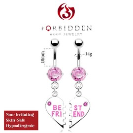 Forbidden Body Jewelry Surgical Steel Set of Best Friend Matching Pink Gem Dangle Heart Belly Button Rings