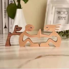 Wooden Sculpture Ornaments, Family Puppy Wood Carving Ornaments, Dog Figures Ornaments, Abstract Style People with Dog Statue, Hand Carved Figure, Wood Carving Creative Gifts Dog (Style C)