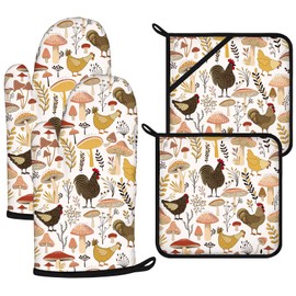 Rooster Oven Mitts and Pot Holders Sets 4Pcs,Extra Long Oven Gloves Potholder for Kitchen Cooking Baking BBQ 100% Cotton Heat Resistant