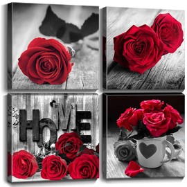 Bedroom Wall Decor for Couples, Red Rose Wall Art Bathroom Accessories, Black and White Canvas Prints Wall Pictures for Living Room Kitchen Home Decoration Flower Painting Valentine Gifts 12x12" 4Pcs