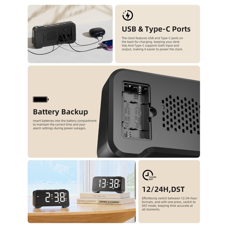ROCAM Digital Alarm Clock, Simple Loud Alarm Clocks for Bedrooms