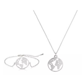 Deluxe Conjunto Collar + Pulsera Brazalete Dije Mapa Mundo Mundi