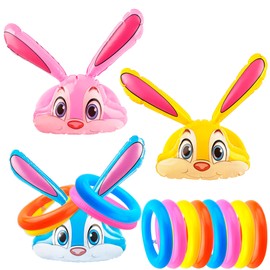 3 Set Easter Inflatable Bunny Ears Ring Toss Game 3 Rabbit Ear Hats with 12 Ring Toss Easter Rabbit Party Games for Kids Family School Party Favor Indoor Outdoor